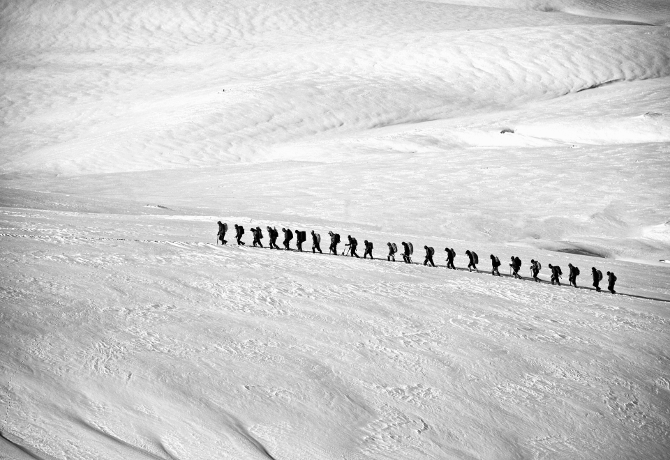 A team of explorers being led over snow